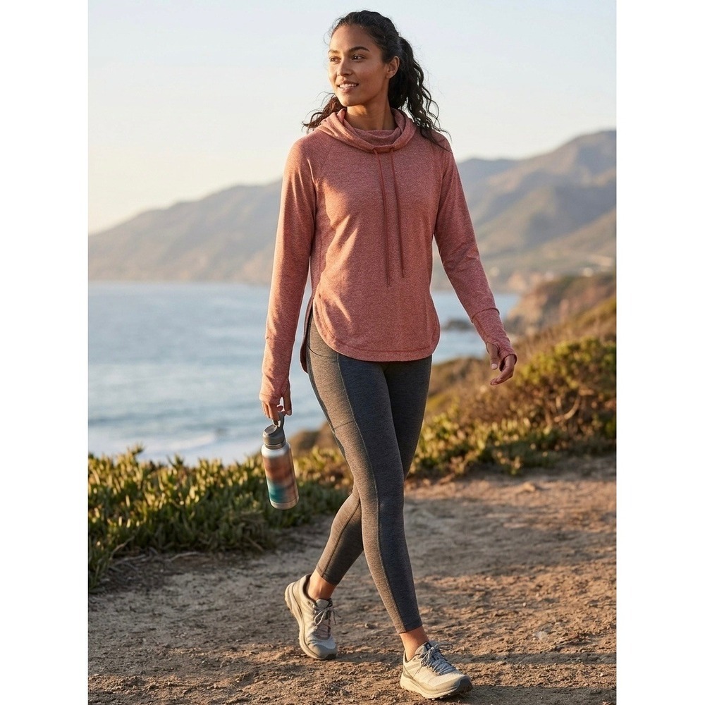 Athleta Uptempo Hoodie Terracotta Orange Heathered Cowl Neck Thumbhole XSP